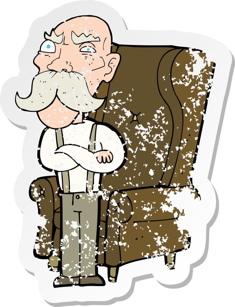 retro distressed sticker of a cartoon old man and chair vector