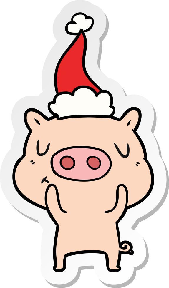 pegatina, caricatura, de, un, contenido, cerdo, llevando, santa sombrero vector