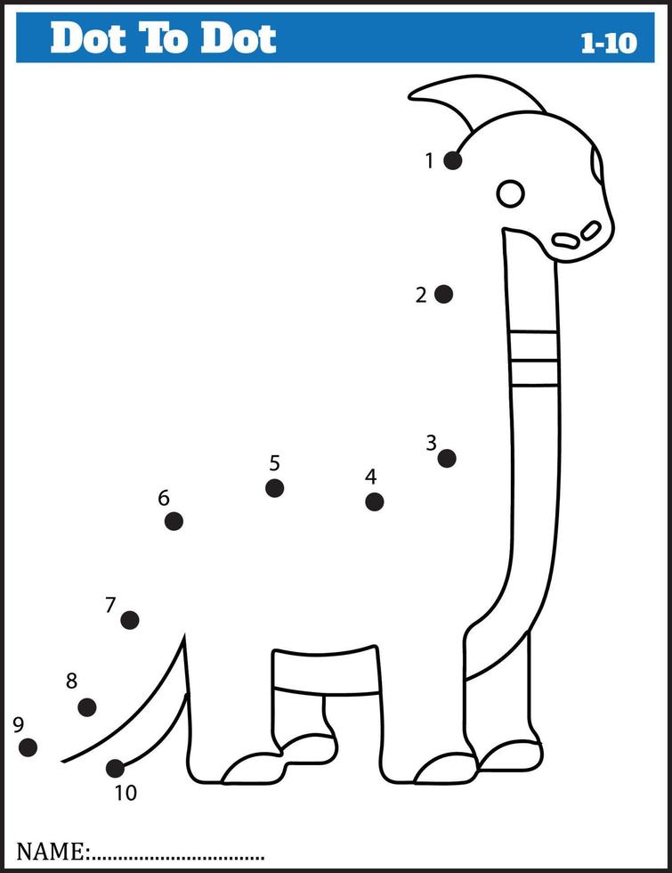 divertido dinosaurio de dibujos animados. juego de punto a punto para niños, hoja de cálculo de números. vector