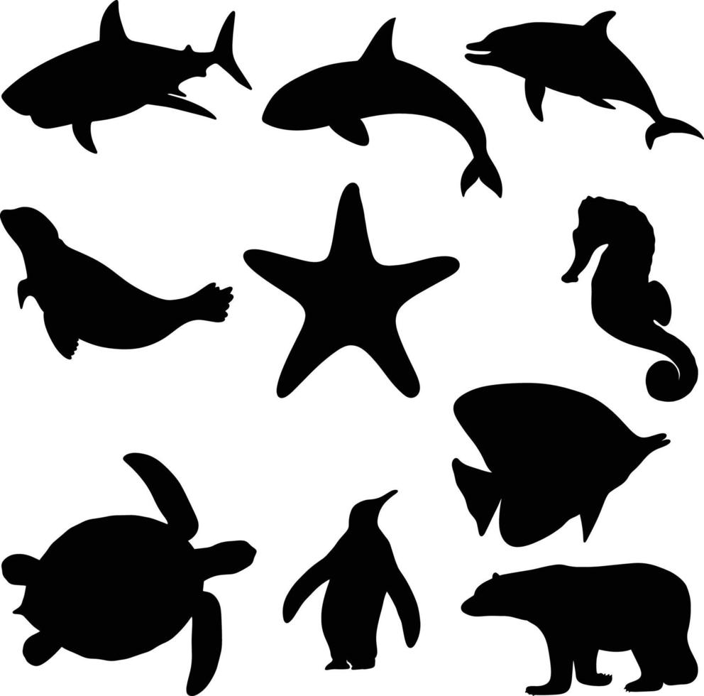 conjunto de dibujos animados de silueta animales marinos aislados. ballena, delfín, tiburón, pez estrella. vector