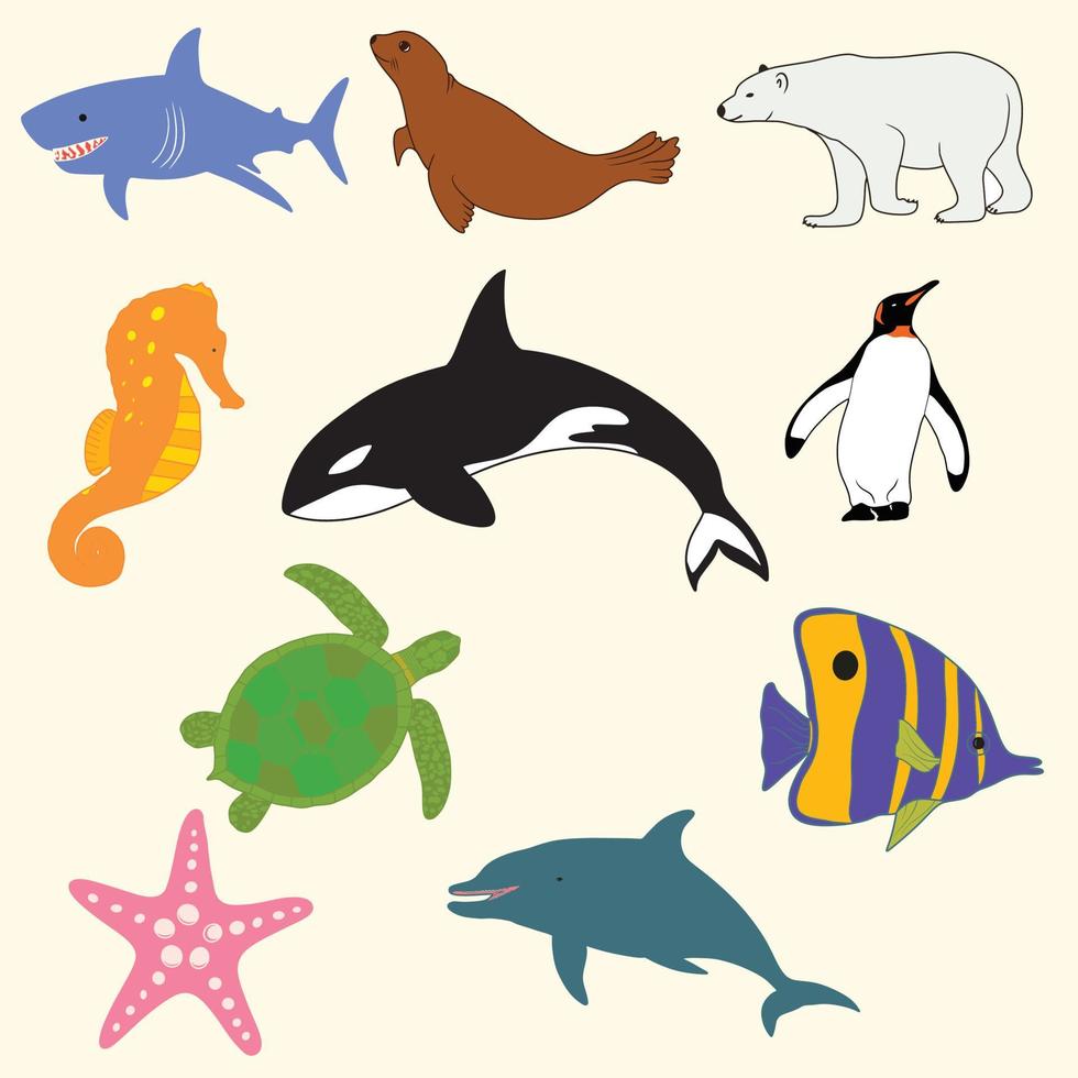 colección de diez dibujos animados divertidos animales marinos imágenes prediseñadas tiburón, orca, delfín, caballito de mar, oso polar, tortuga marina, cangrejo y pescado vector