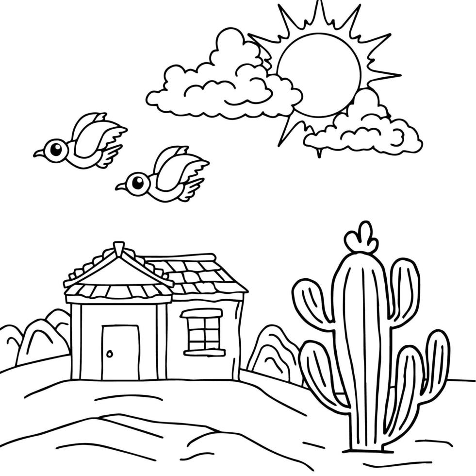 Design Vector Coloring Page Desert Landscape for Kid
