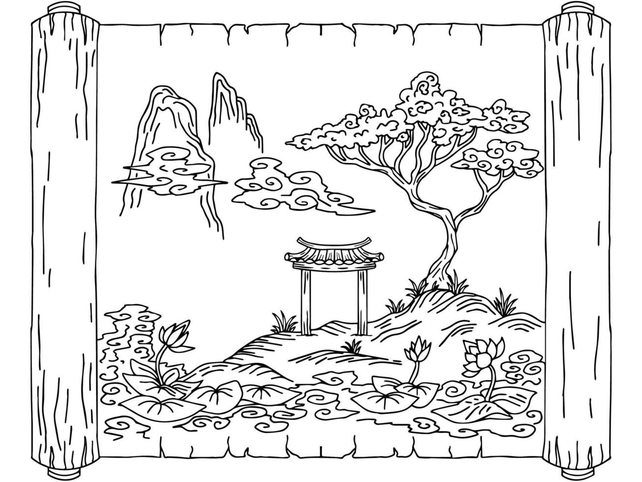 Design Vector Asian Landscape Outline Painting