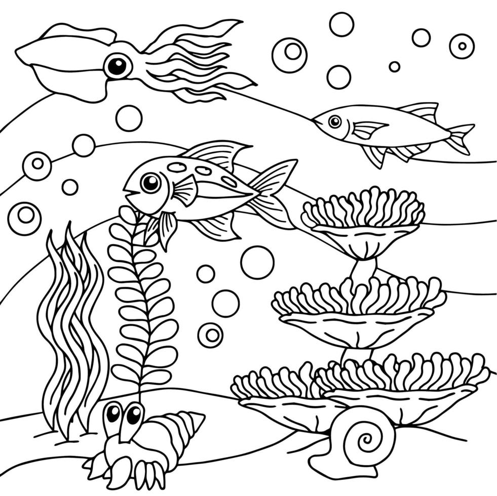 vector de diseño para colorear página peces en el mar para niños