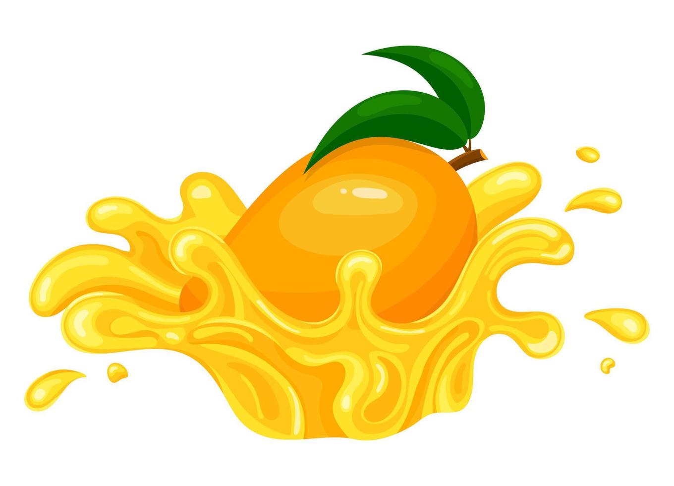 Fresh bright mango juice splash burst isolated on white background. Summer fruit juice. Cartoon style. Vector illustration for any design.