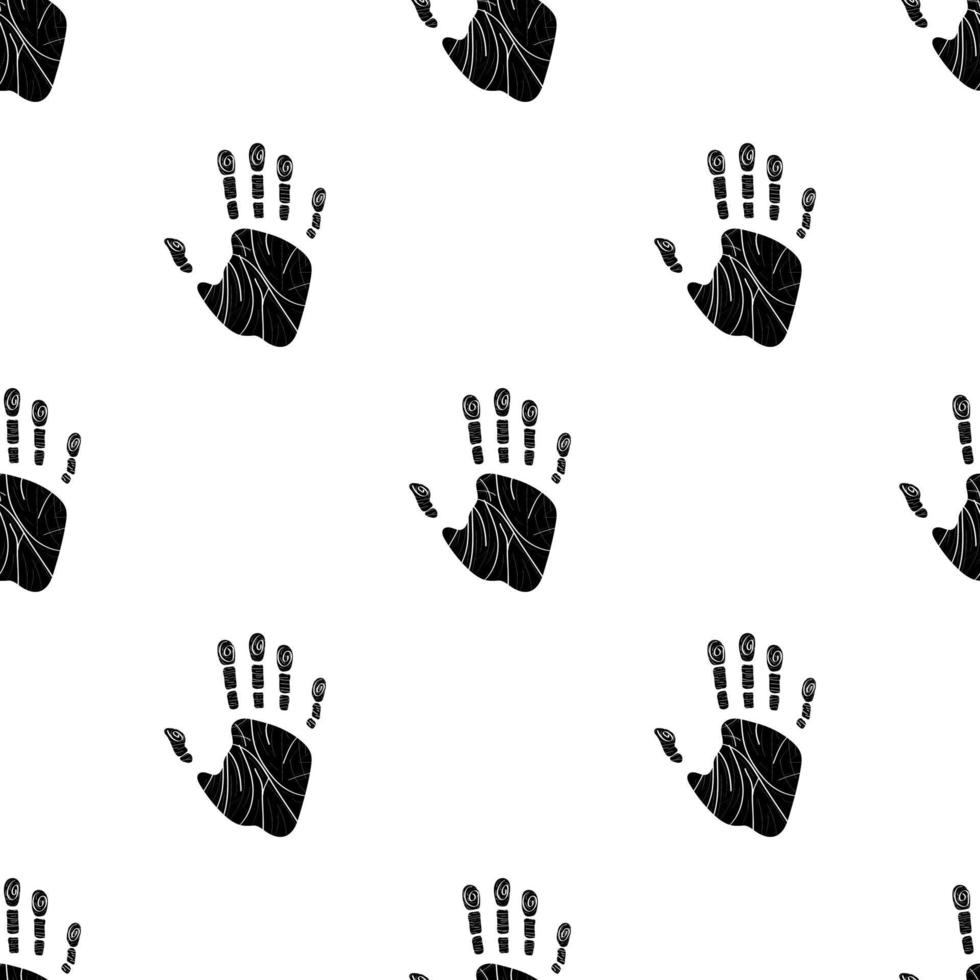 Seamless pattern with human palm on white background. Handprint icon. Vector illustration for design, web, wrapping paper, fabric, wallpaper.