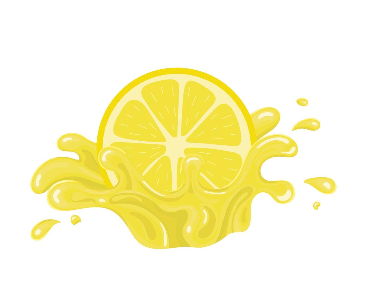 Yellow fresh cut slice lemon with juice splash isolated on white background. Sweet food. Organic fruit. Vector illustration for any design.