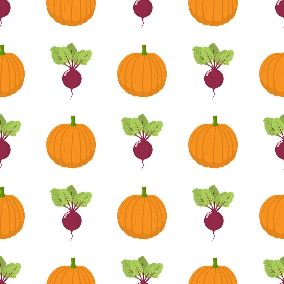 Seamless pattern with fresh beet and pumpkin vegetables. Organic food. Cartoon style. Vector illustration for design, web, wrapping paper, fabric, wallpaper.