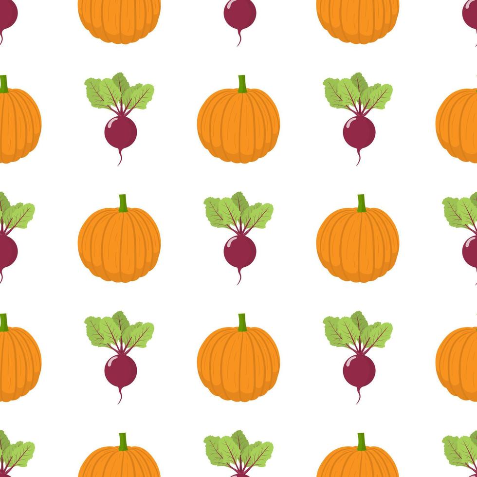 Seamless pattern with fresh beet and pumpkin vegetables. Organic food. Cartoon style. Vector illustration for design, web, wrapping paper, fabric, wallpaper.