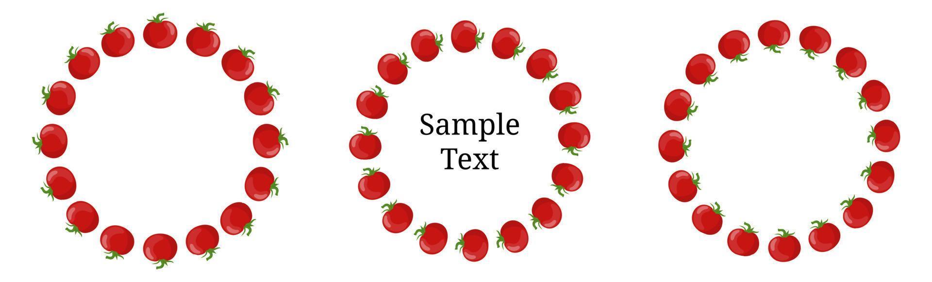 Wreath Set from Tomatoes with Space for Text. Fresh Red Tomato Vegetable isolated on white background. For Market, Recipe Design. Organic Food. Cartoon Style. Vector illustration for Your Design, Web.