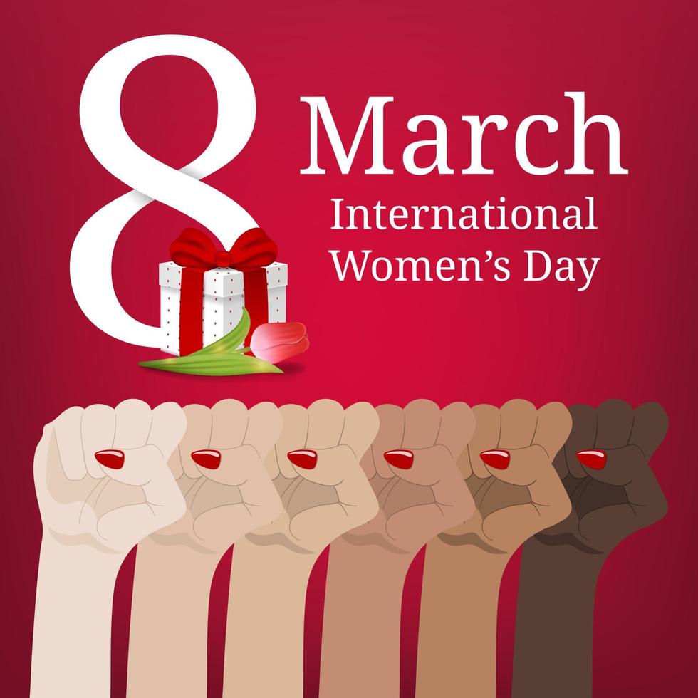 día Internacional de la Mujer. marcha de mujeres. igualdad multinacional. mano femenina con el puño levantado. poder femenino. concepto de feminismo. ilustración vectorial para su diseño. vector