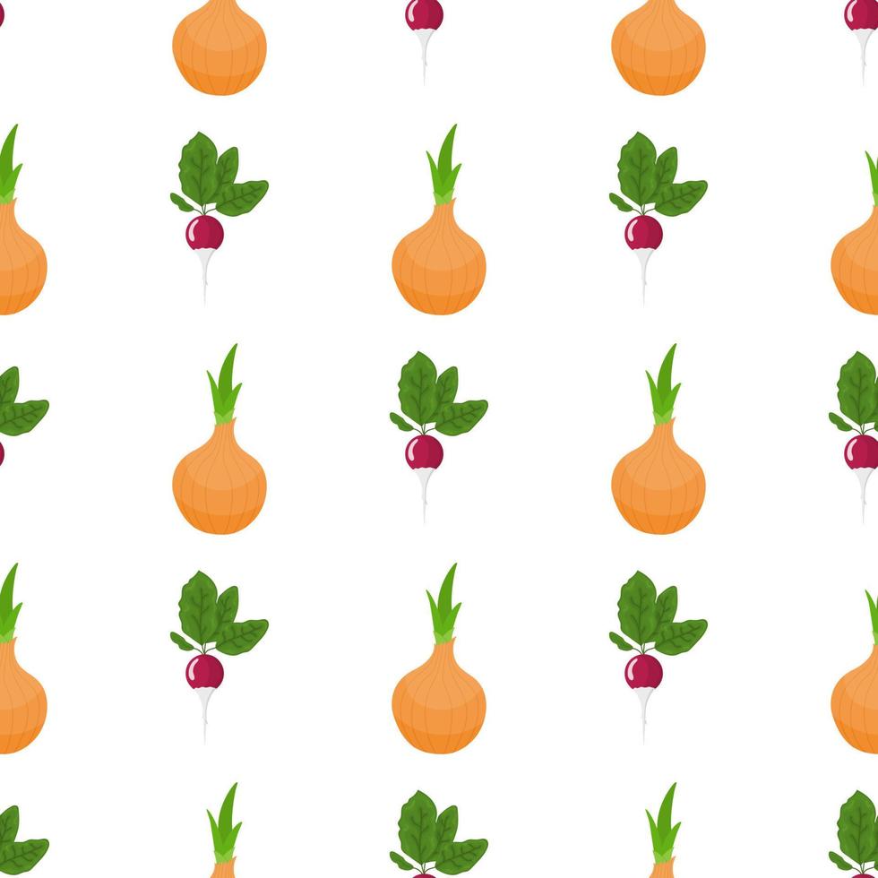 Seamless pattern with radish and onion vegetables. Organic food. Cartoon style. Vector illustration for design, web, wrapping paper, fabric, wallpaper.