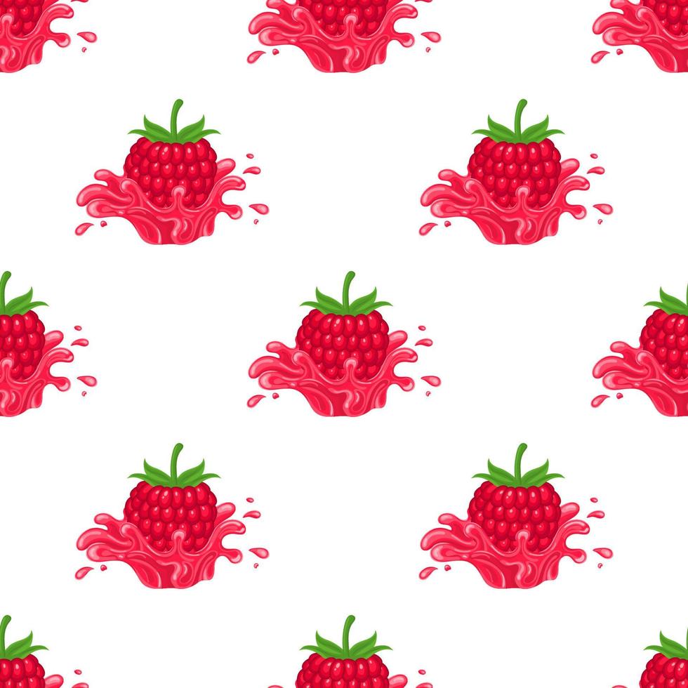 Seamless pattern with fresh bright raspberry juice splash burst isolated on white background. Summer fruit juice. Cartoon style. Vector illustration for any design.