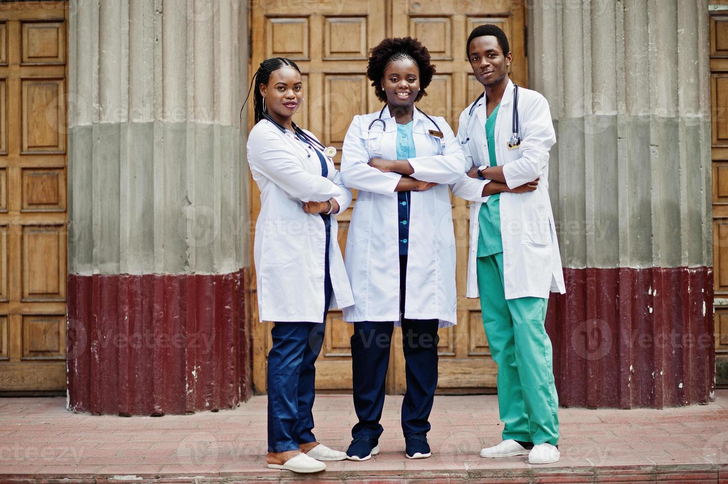 Group of african doctors students near medical university outdoor. photo