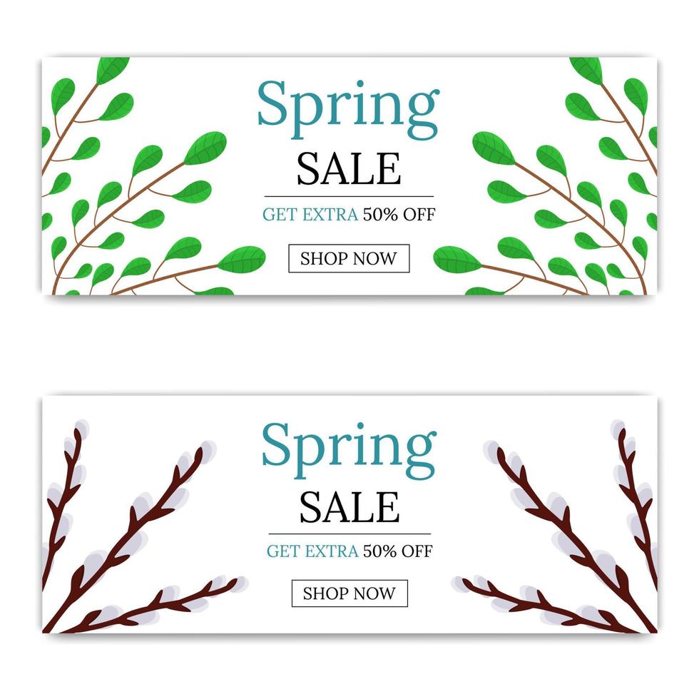 Spring Sale Discount. Flyer or Brochure with Green Branches and Willow Twigs. Vector illustration for Your Design, Web, Print.