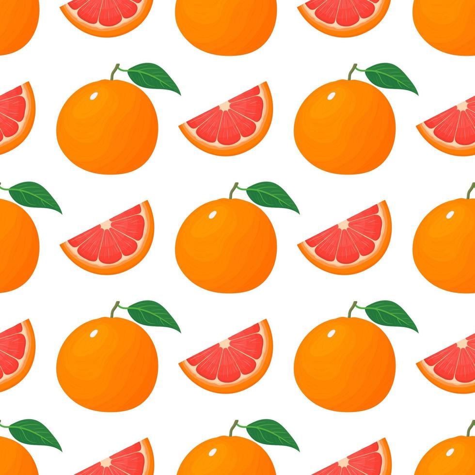Seamless pattern with fresh bright exotic whole and cut slice grapefruit isolated on white background. Summer fruits for healthy lifestyle. Organic fruit. Vector illustration for any design.