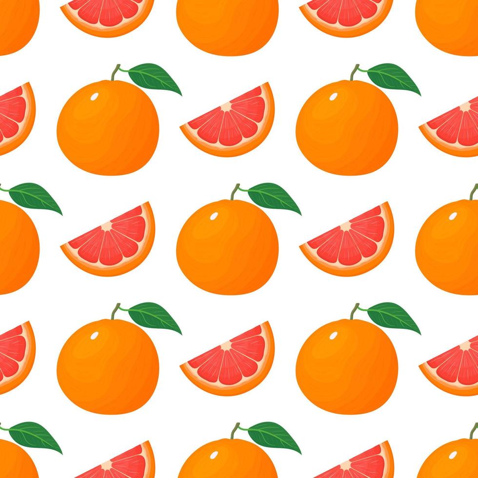 Seamless pattern with fresh bright exotic whole and cut slice grapefruit isolated on white background. Summer fruits for healthy lifestyle. Organic fruit. Vector illustration for any design.