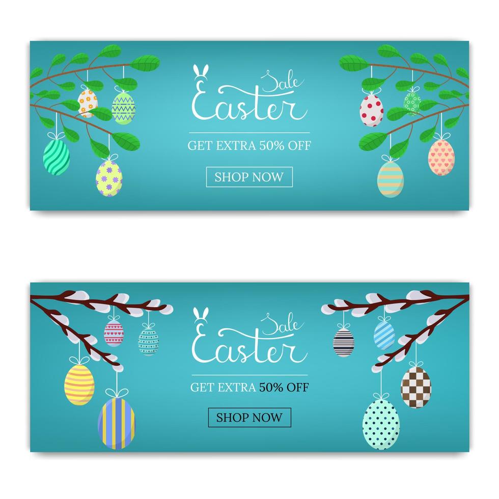 Easter Sale Discount. Calligraphy Lettering Inscription. Flyer or Brochure with Different Hanging Easter Eggs on Green Branches and Willow Twigs. Vector illustration for Your Design, Web.