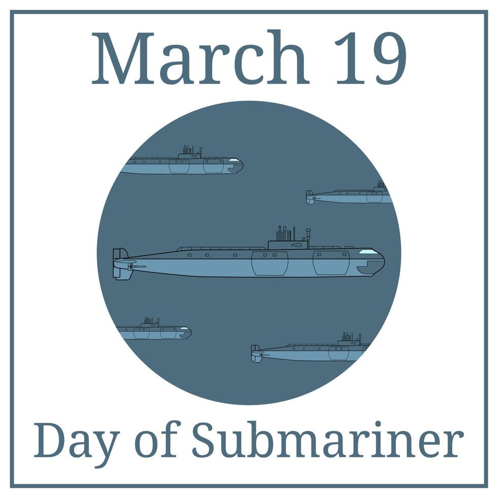 Day of Submariner. March 19. March holiday calendar. Detailed Submarine. Side view. Warship in realistic style. Battleship model. Industrial drawing. Vector illustration isolated on white background.