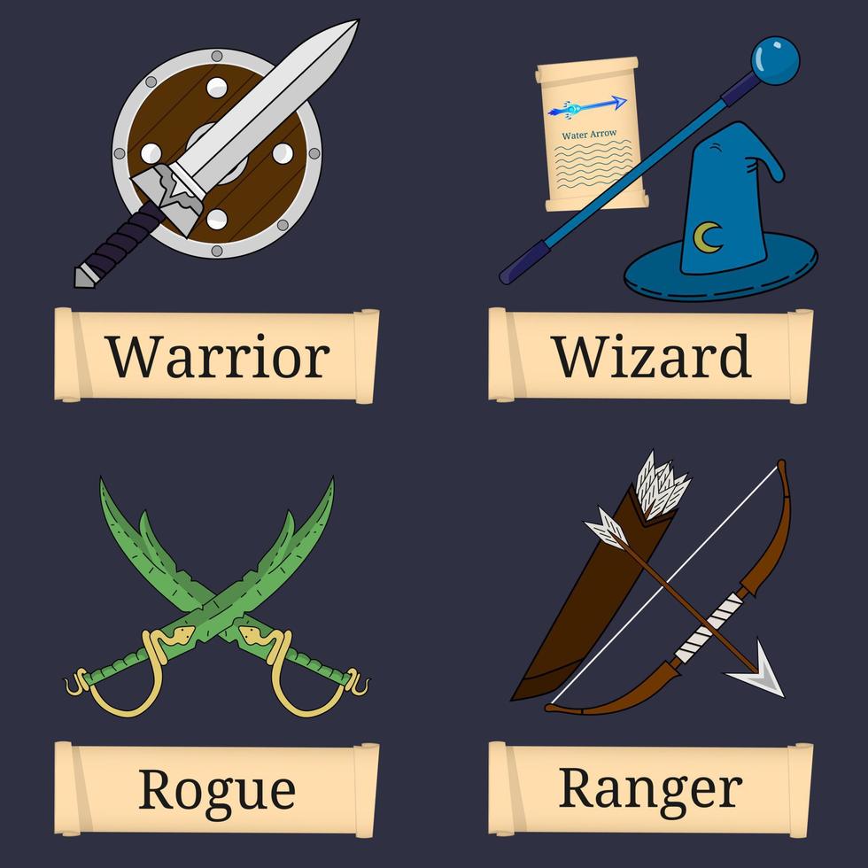 Template of Game Character, Class. Warrior, Wizard, Rogue, Ranger. Main Role Classes. Select Your Class. Vector Illustration.