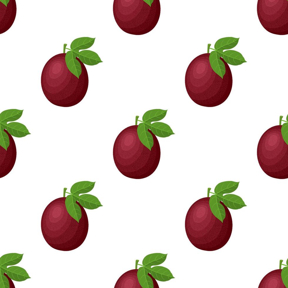 Seamless pattern with fresh bright exotic whole passion fruit on white background. Summer fruits for healthy lifestyle. Organic fruit. Cartoon style. Vector illustration for any design.