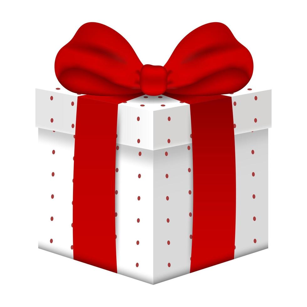 Realistic Vector 3d Gift Box with Red Bow isolated on white background. Element for Various Holiday Designs. Christmas, Valentine's day, New Year, Celebrations, Birthdays.