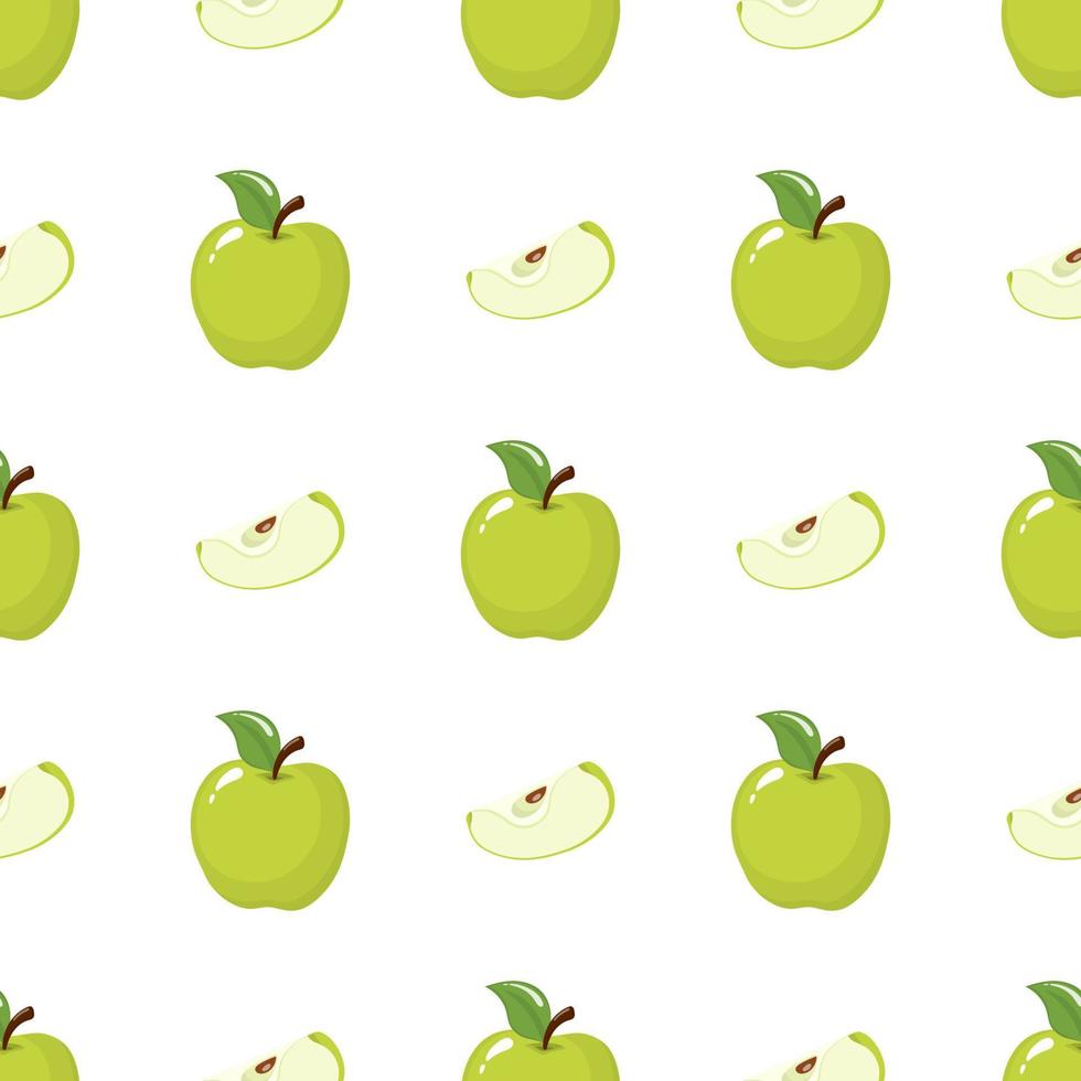 Seamless pattern with green whole and slice apples on white background. Organic fruit. Cartoon style. Vector illustration for design, web, wrapping paper, fabric, wallpaper.