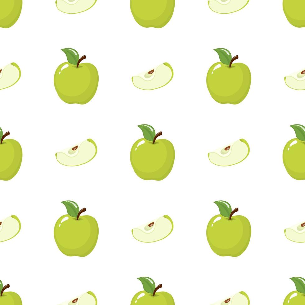 patrón sin costuras con manzanas verdes enteras y rebanadas sobre fondo blanco. fruta organica estilo de dibujos animados ilustración vectorial para diseño, web, papel de envolver, tela, papel tapiz. vector