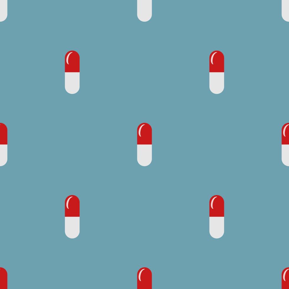 Seamless pattern with pill icon on blue background. Flat style. Health care. Vector illustration for design, web, wrapping paper, fabric, wallpaper.