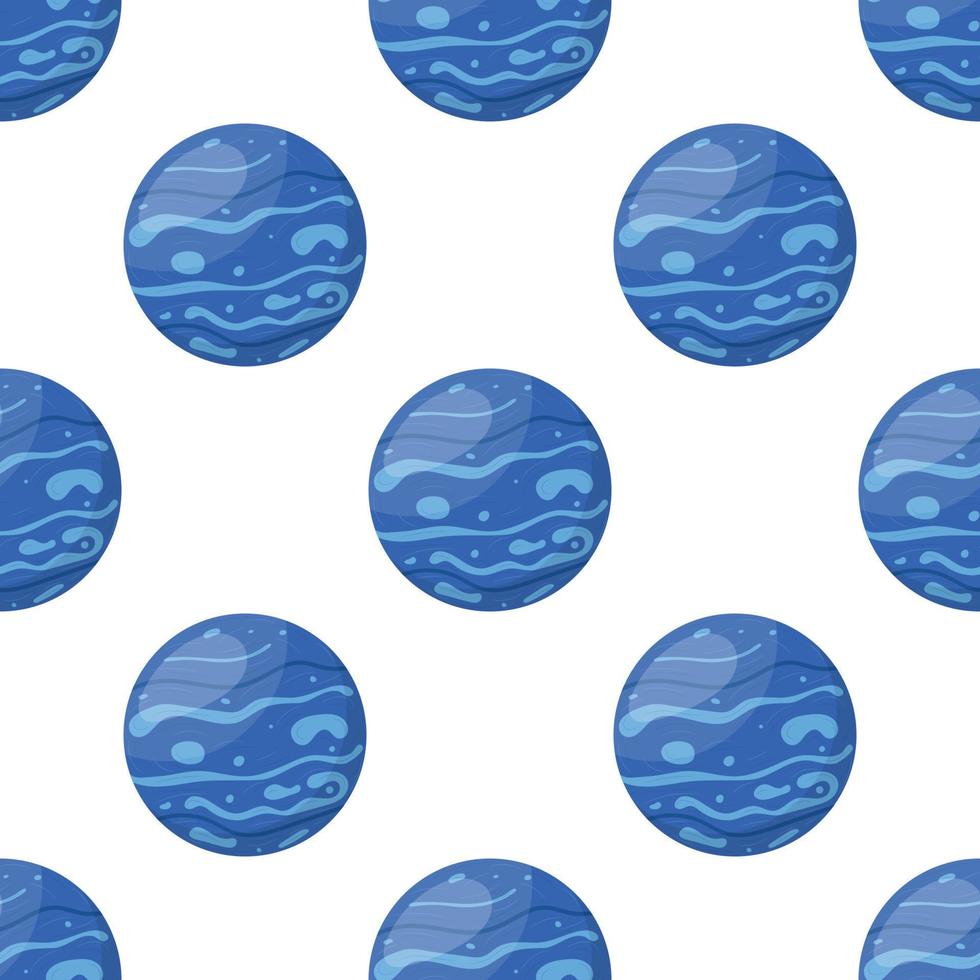 Seamless pattern with Neptune planet isolated on white background. Planet of solar system. Cartoon style vector illustration for any design.