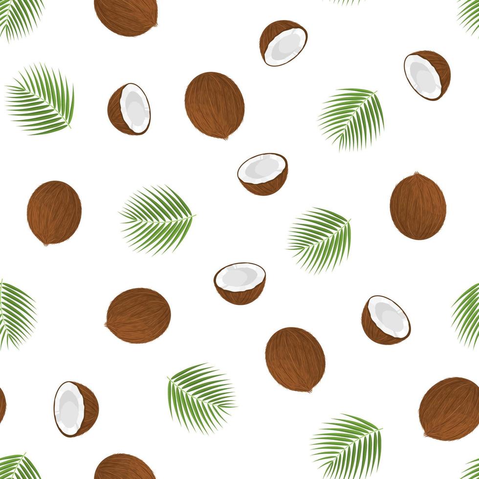 Seamless pattern with cartoon detailed brown exotic whole coconut, half and green leaf. Summer fruits for healthy lifestyle. Organic fruit. Vector illustration for any design.