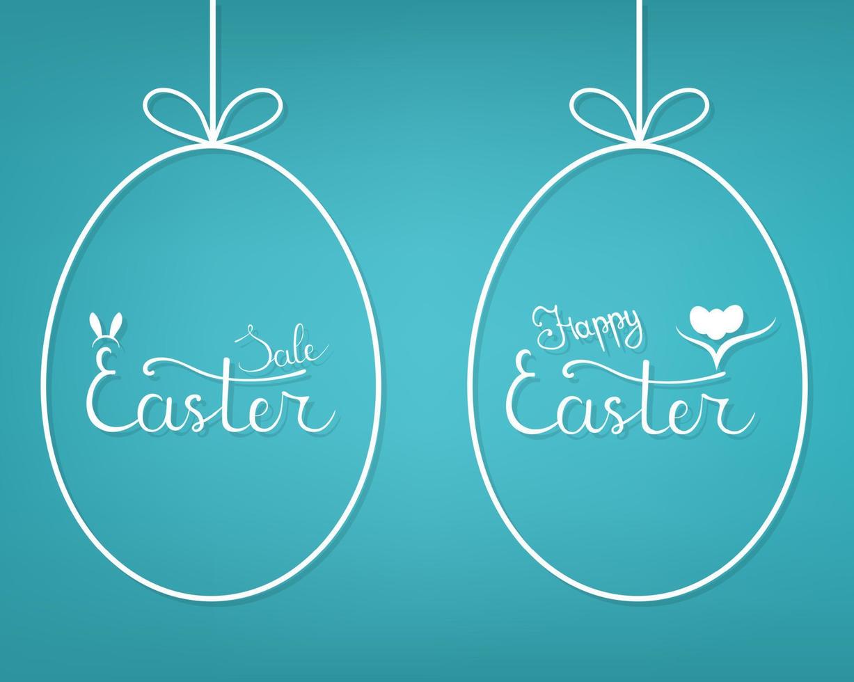 Vector Template of Hanging Egg Form with Lettering Easter Sale and Happy Easter on blue background. For Easter Sale Banner, Flyer, Brochure, Postcard. Vector illustration for Your Design, Web.