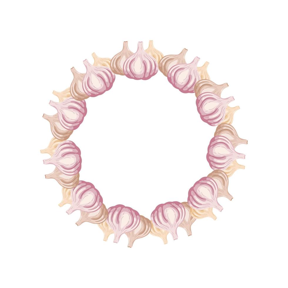 Garlic wreath isolated on white background. Vegetable circle frame for market, recipe design. Organic food. Cartoon style. Vector illustration for design.
