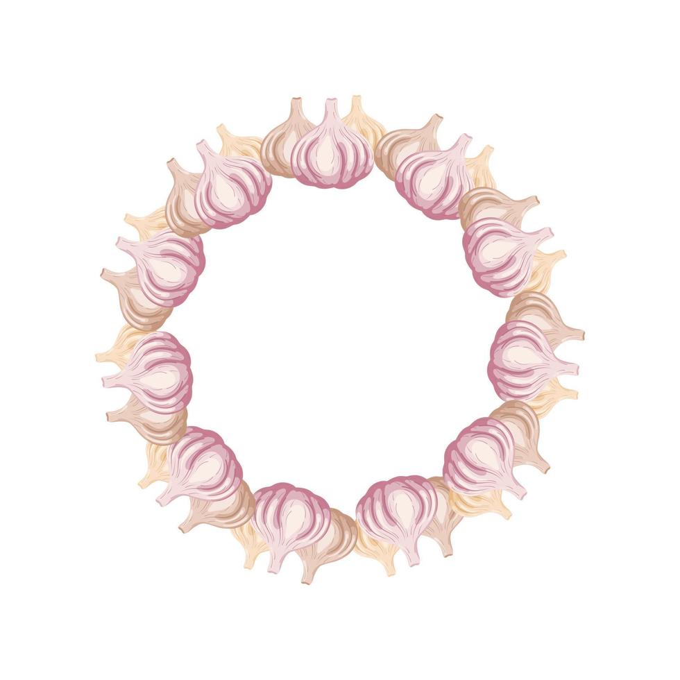 Garlic wreath isolated on white background. Vegetable circle frame for market, recipe design. Organic food. Cartoon style. Vector illustration for design.