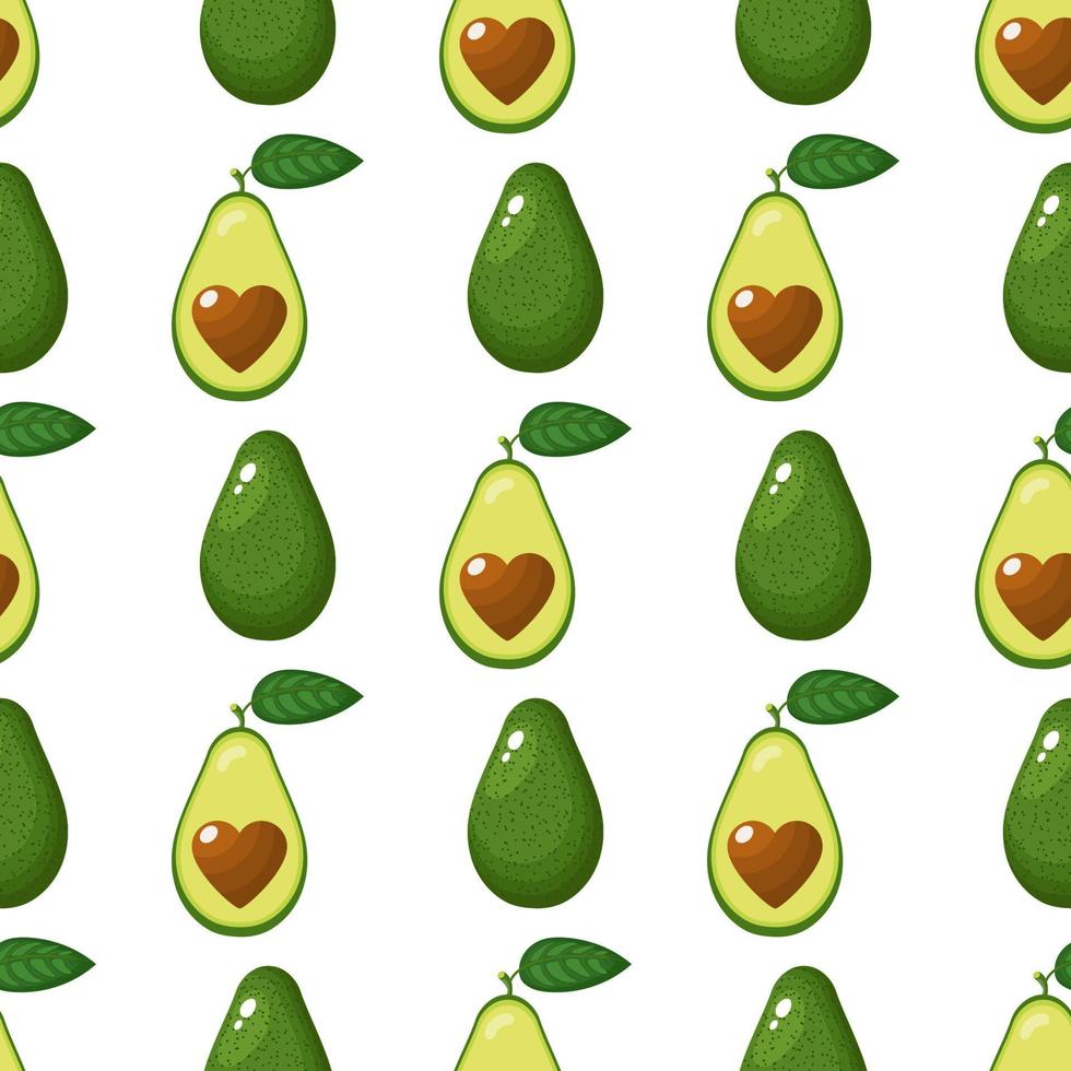 Seamless pattern with fresh whole, half avocado with heart isolated on white background. Summer fruits for healthy lifestyle. Organic fruit. Cartoon style. Vector illustration for any design.