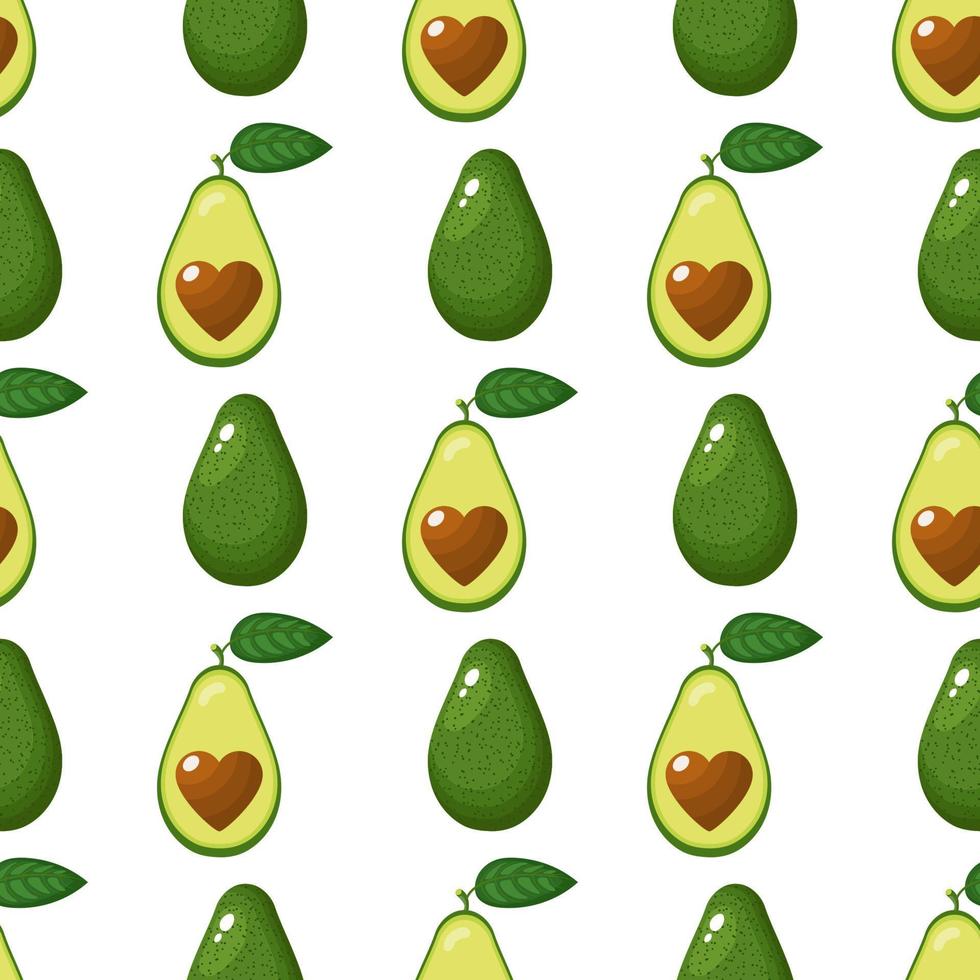 Seamless pattern with fresh whole, half avocado with heart isolated on white background. Summer fruits for healthy lifestyle. Organic fruit. Cartoon style. Vector illustration for any design.