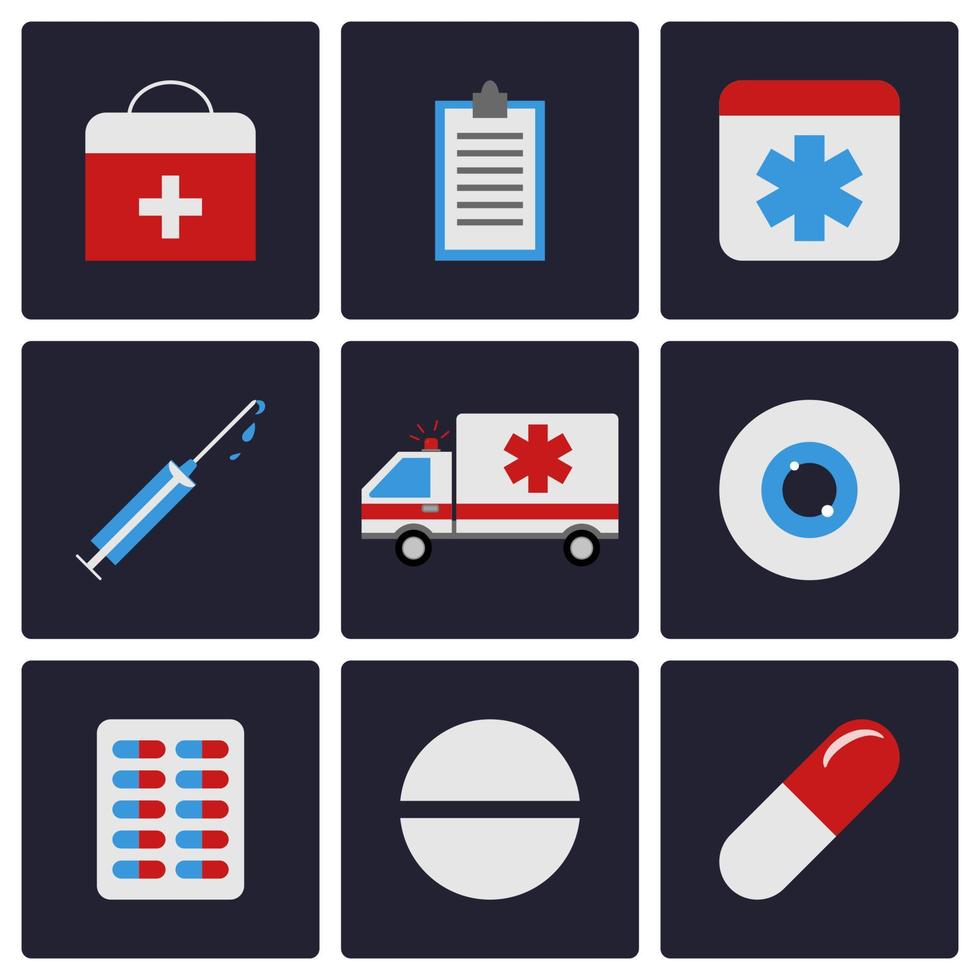 Medicine Flat Icons Set. Ambulance, Pill, Eye, Tablet, Syringe. Vector illustration for Your Design, Web.