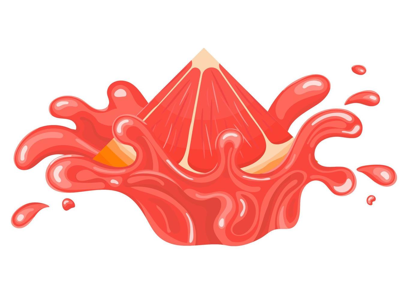Fresh bright cut slice grapefruit juice splash burst isolated on white background. Summer fruit juice. Cartoon style. Vector illustration for any design.