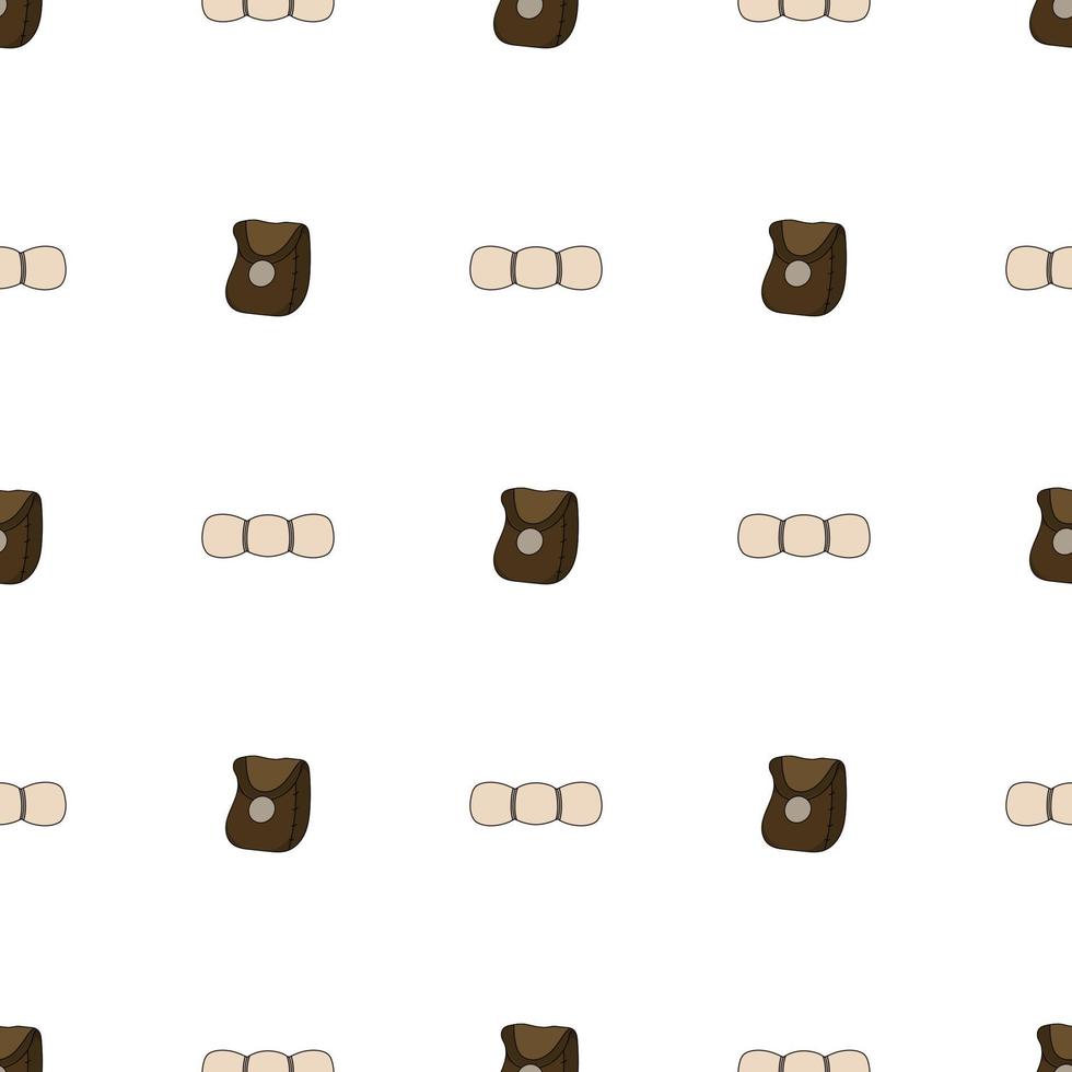 Seamless pattern with sleeping bag and leather bag on white background. Vector illustration.