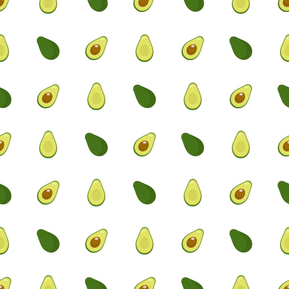 Seamless pattern with fresh half and whole avocado isolated on white background. Organic food. Cartoon style. Vector illustration for design, web, wrapping paper, fabric, wallpaper.