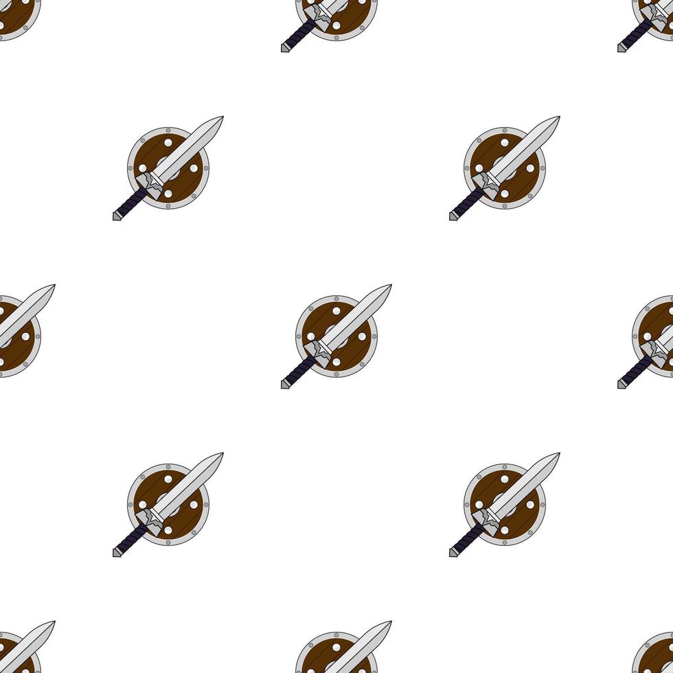 Seamless pattern with cartoon sword and shield on white background. Medieval weapon. Adventure iItems. Vector illustration for design, web, wrapping paper, fabric, wallpaper.