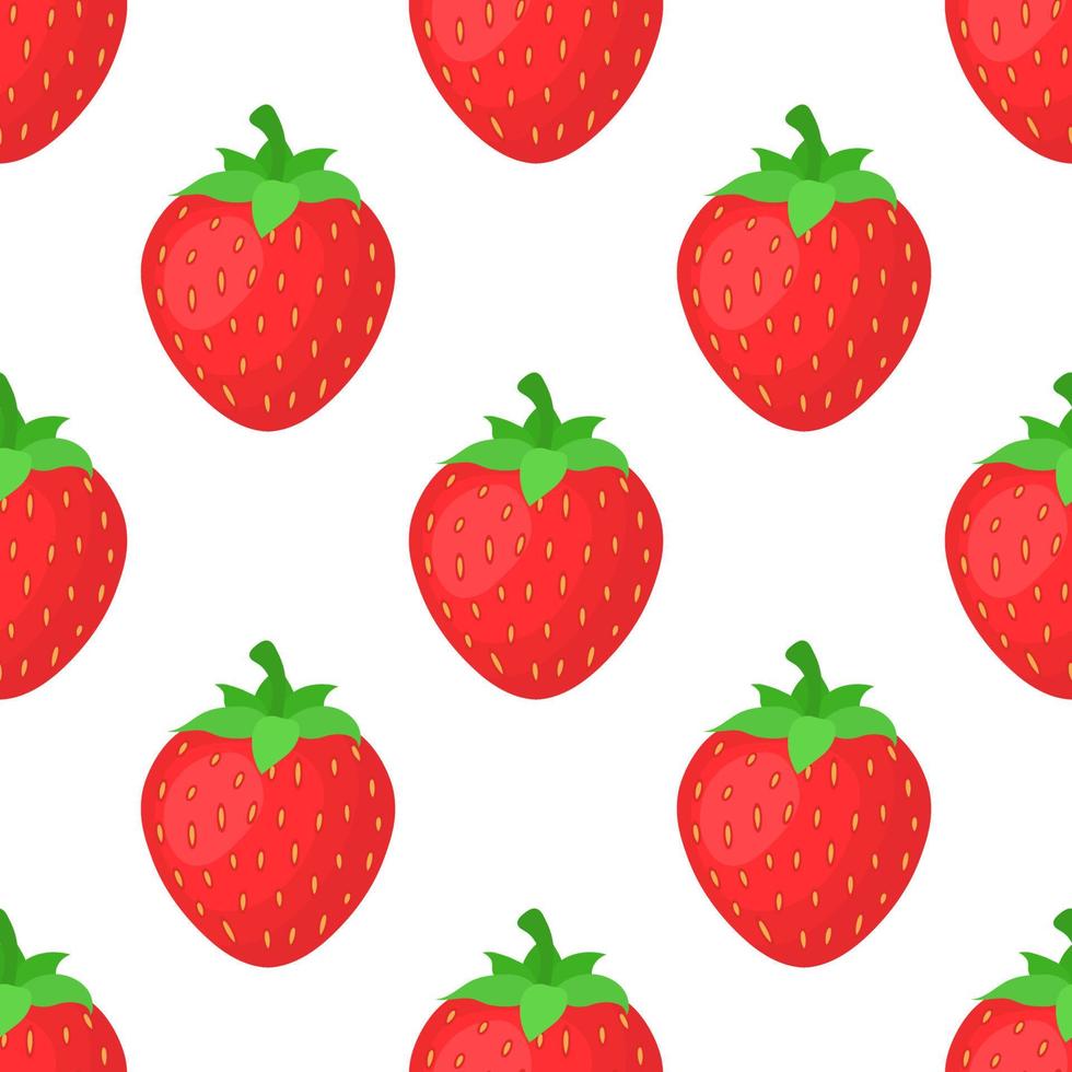 Seamless pattern with fresh bright exotic whole strawberries on white background. Summer fruits for healthy lifestyle. Organic fruit. Cartoon style. Vector illustration for any design.