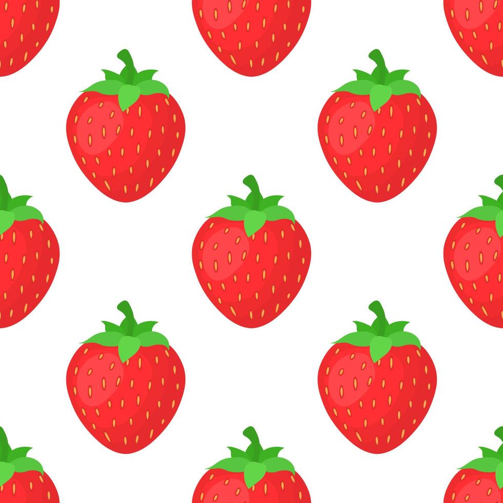 Seamless pattern with fresh bright exotic whole strawberries on white background. Summer fruits for healthy lifestyle. Organic fruit. Cartoon style. Vector illustration for any design.