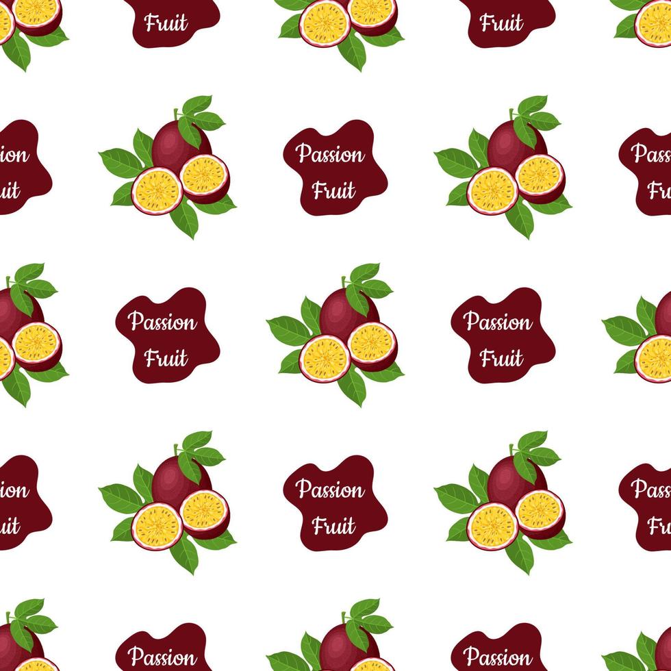 Seamless pattern with fresh bright exotic whole and cut slice passion fruit on white background. Summer fruits for healthy lifestyle. Organic fruit. Cartoon style. Vector illustration for any design.