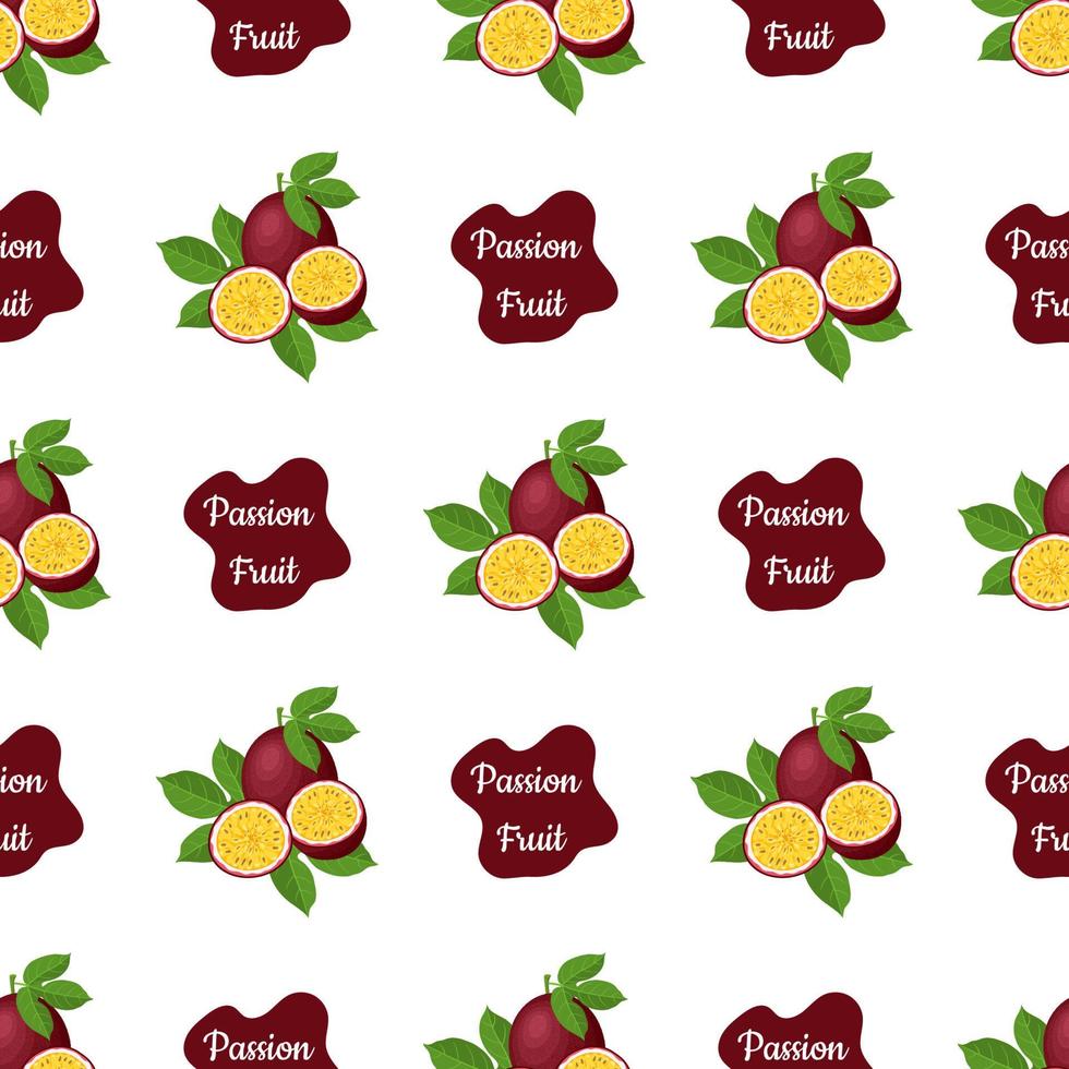 Seamless pattern with fresh bright exotic whole and cut slice passion fruit on white background. Summer fruits for healthy lifestyle. Organic fruit. Cartoon style. Vector illustration for any design.