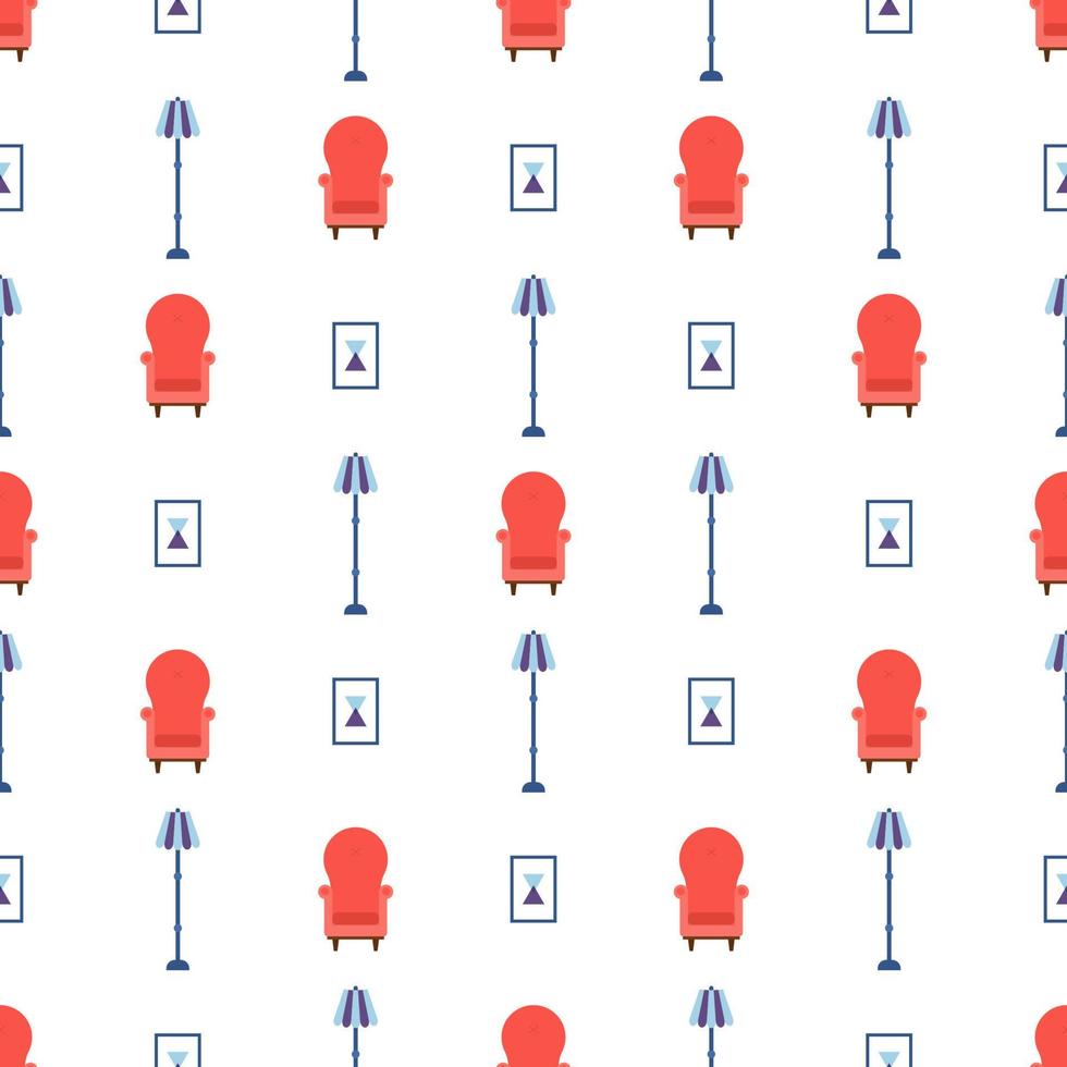 Seamless pattern with vintage cozy red armchair, abstract picture and lamp. Interior of the living room. Vector illustration for design, web, wrapping paper, fabric, wallpaper