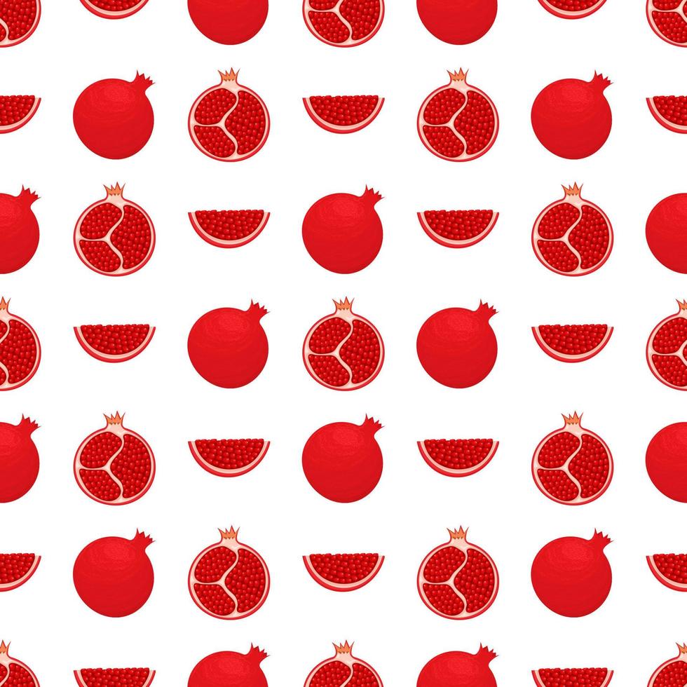 Seamless pattern with fresh bright exotic whole and chunk pomegranate with leaves on white background. Summer fruits for healthy lifestyle. Organic fruit. Vector illustration for any design.