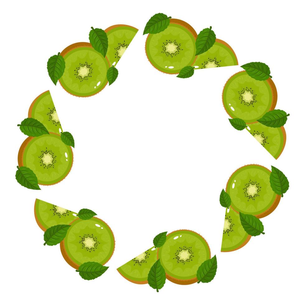 Wreath from green kiwi fruits with space for text. Cartoon organic sweet food. Summer fruits for healthy lifestyle. Vector illustration for any design.