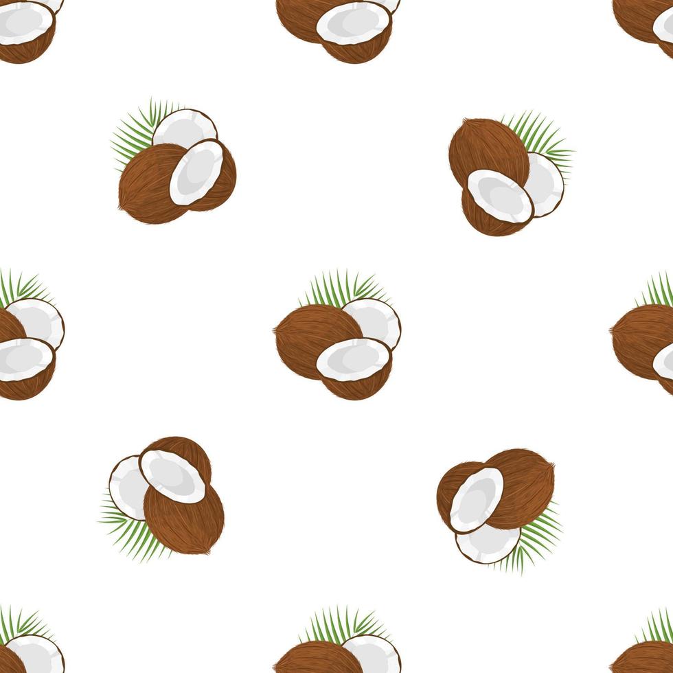 Seamless pattern with cartoon detailed brown exotic whole coconut, half and green leaf. Summer fruits for healthy lifestyle. Organic fruit. Vector illustration for any design.