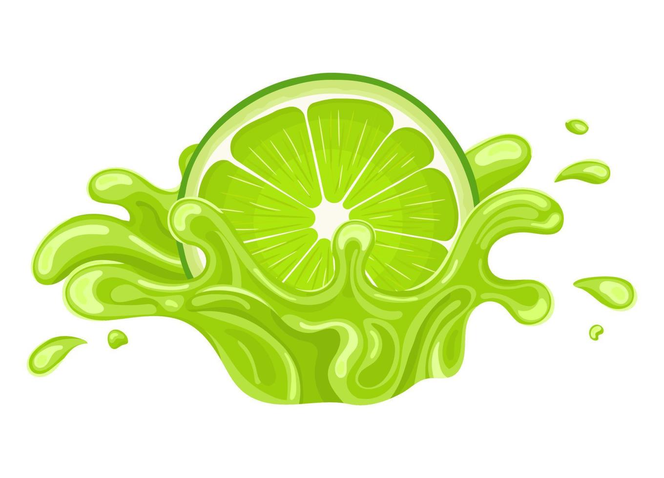 Fresh bright half cut lime juice splash burst isolated on white background. Summer fruit juice. Cartoon style. Vector illustration for any design.